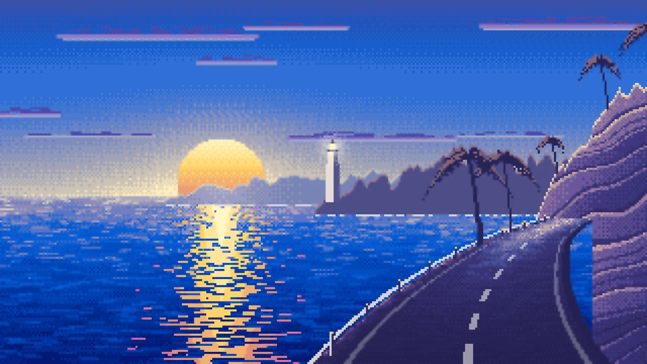 Blue Pixel Art Ocean Road at Sunset desktop wallpaper in 4K