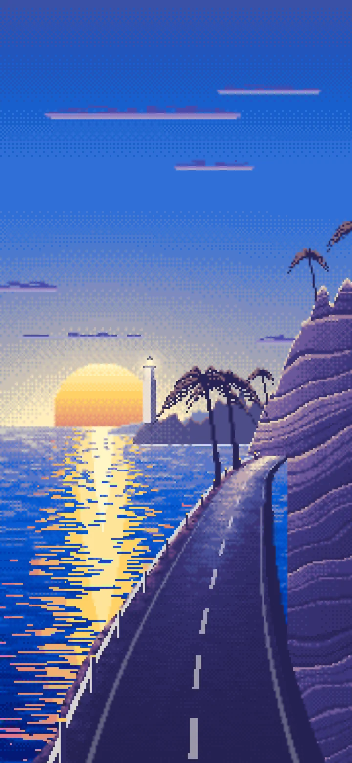 Blue Pixel Art Ocean Road at Sunset wallpaper for iPhone and Android