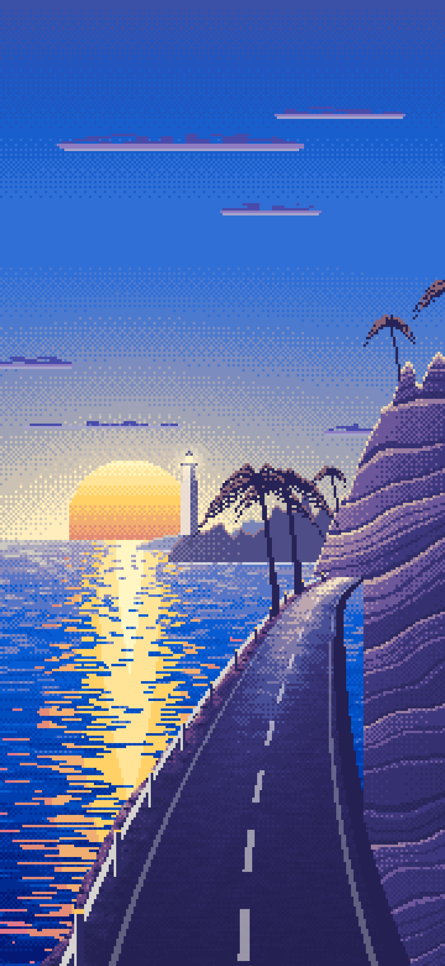 Blue Pixel Art Ocean Road at Sunset wallpaper for iPhone and Android