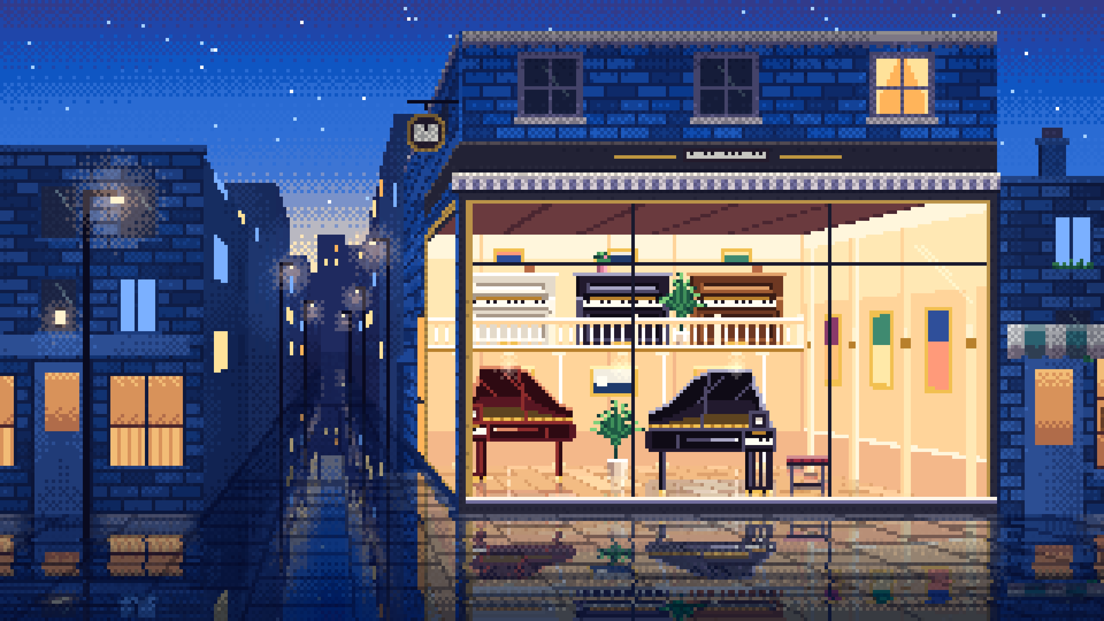 Blue Pixel Art Piano Shop desktop wallpaper in 4K