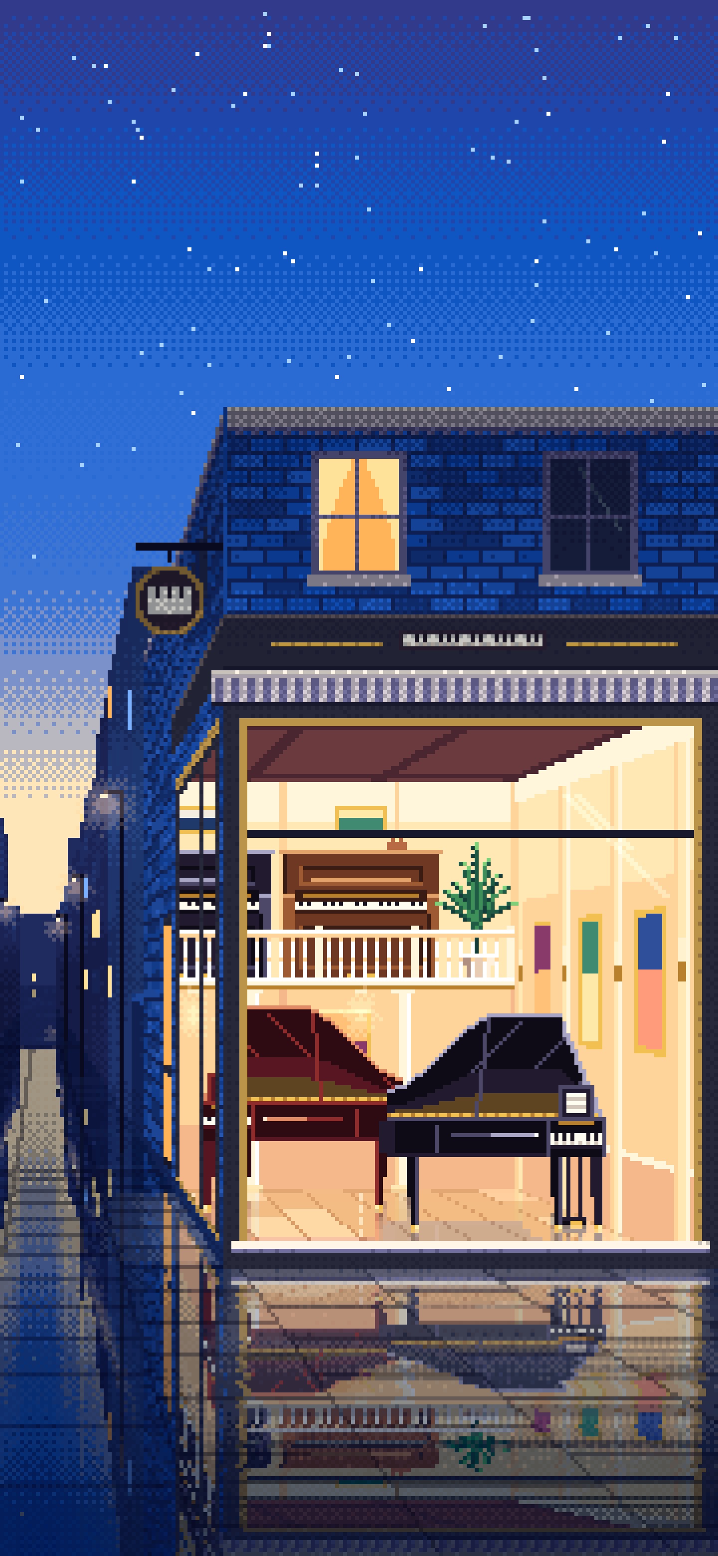 Blue Pixel Art Piano Shop wallpaper for iPhone and Android
