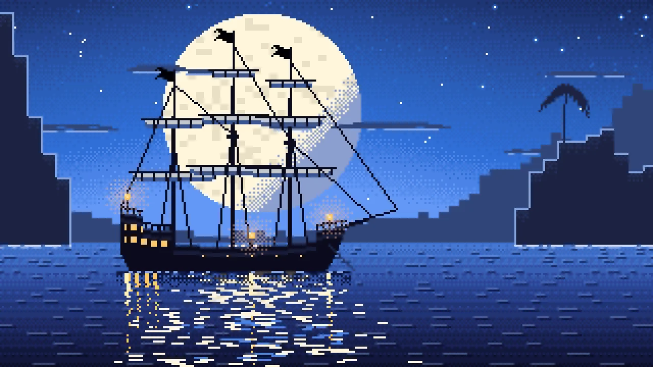 Blue Pixel Art Pirate Ship in a Moonlit Cove desktop wallpaper in 4K