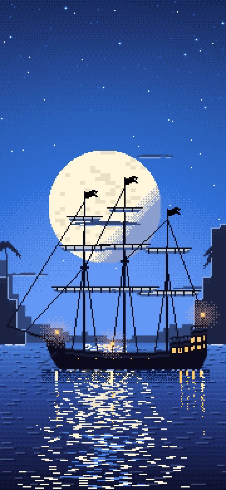 Blue Pixel Art Pirate Ship in a Moonlit Cove wallpaper for iPhone and Android