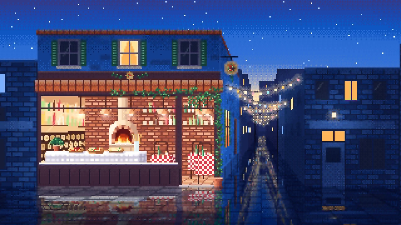 Blue Pixel Art Pizzeria desktop wallpaper in 4K
