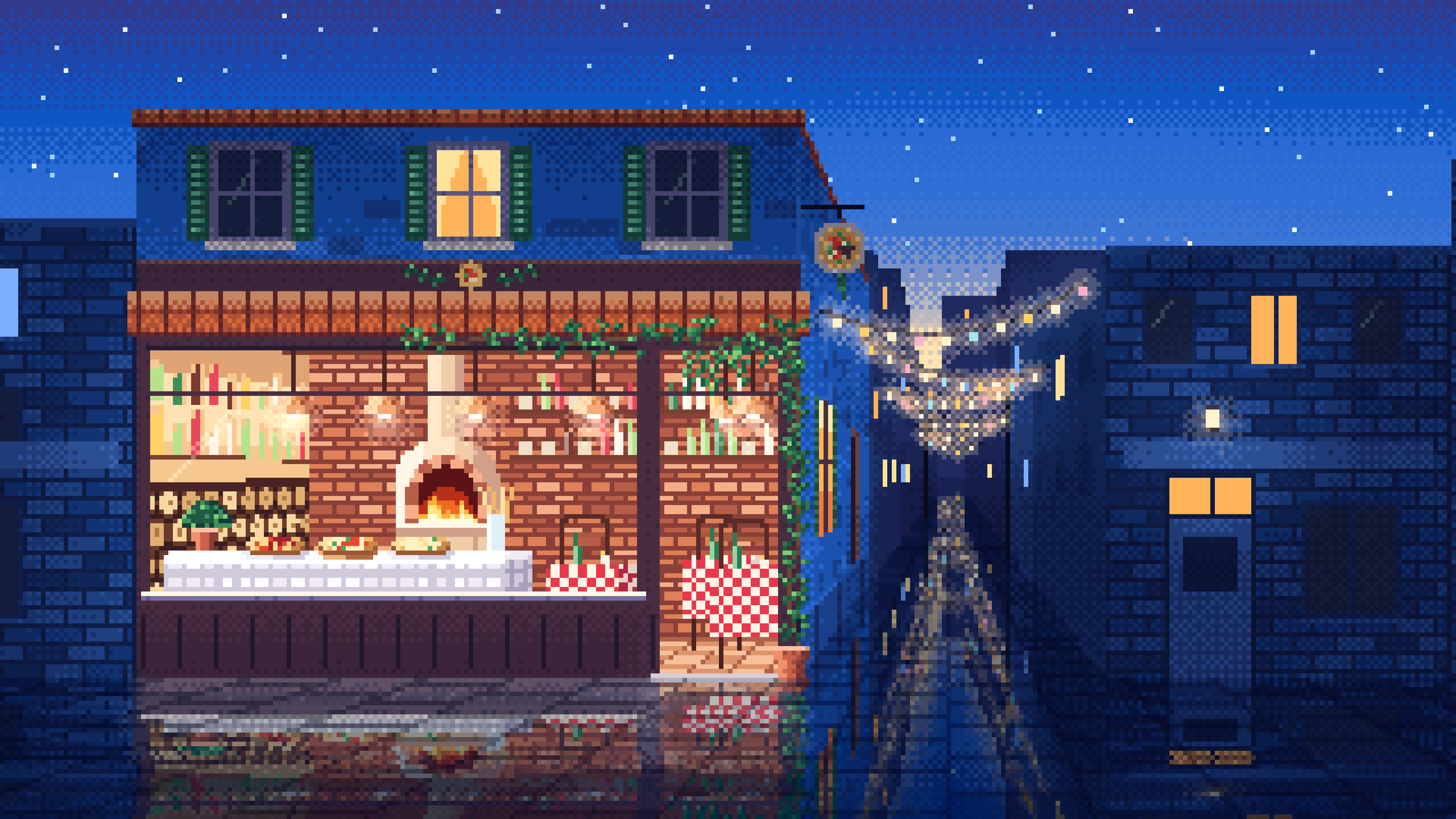 Blue Pixel Art Pizzeria desktop wallpaper in 4K