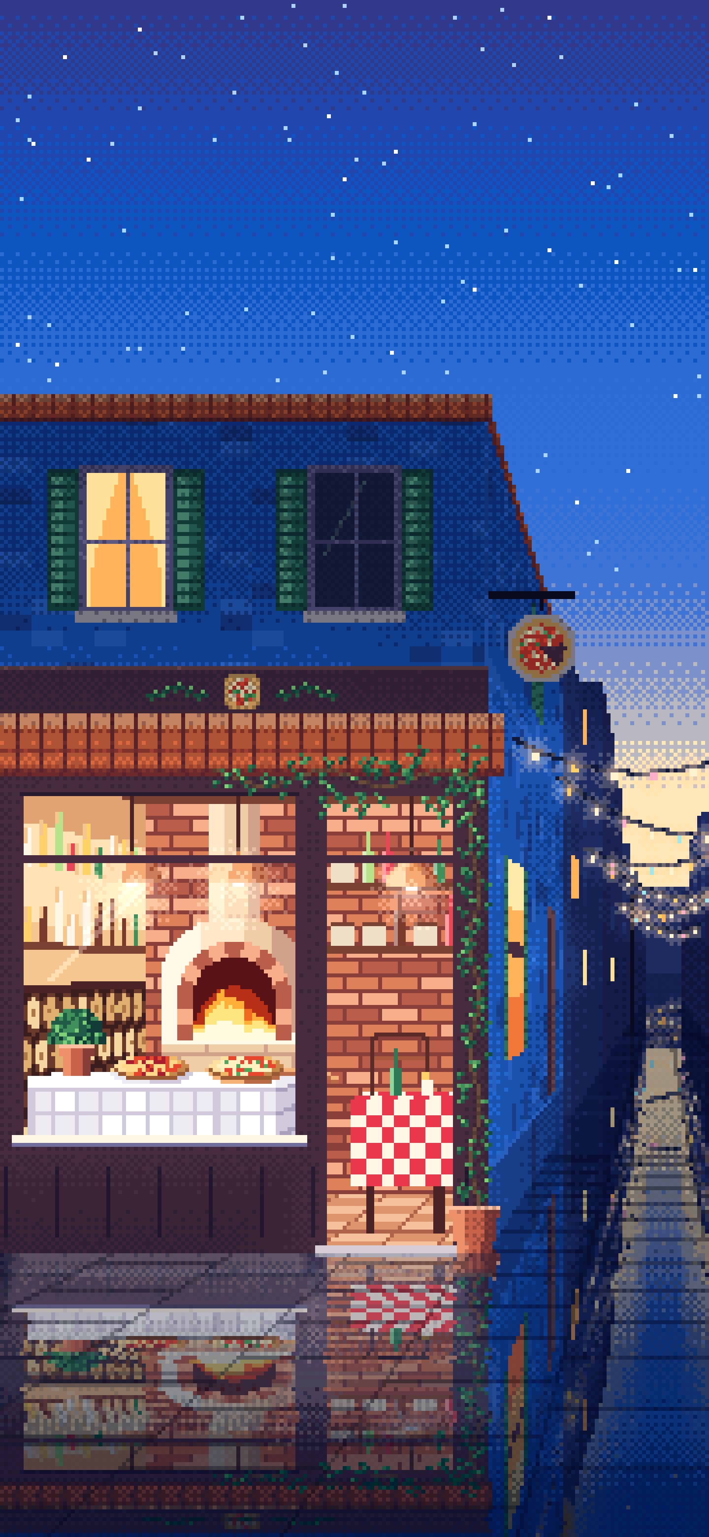Blue Pixel Art Pizzeria wallpaper for iPhone and Android