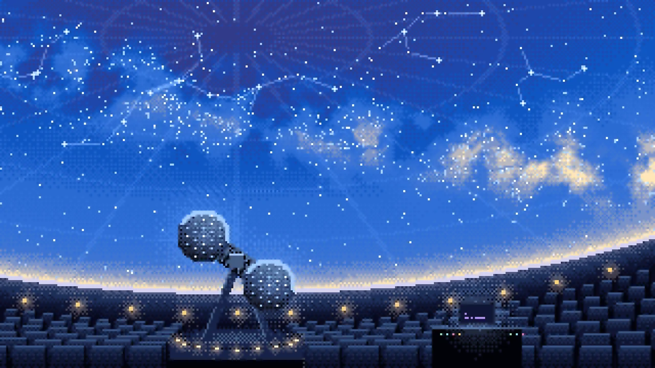 Blue Pixel Art Planetarium Dome at Night desktop wallpaper in 4K