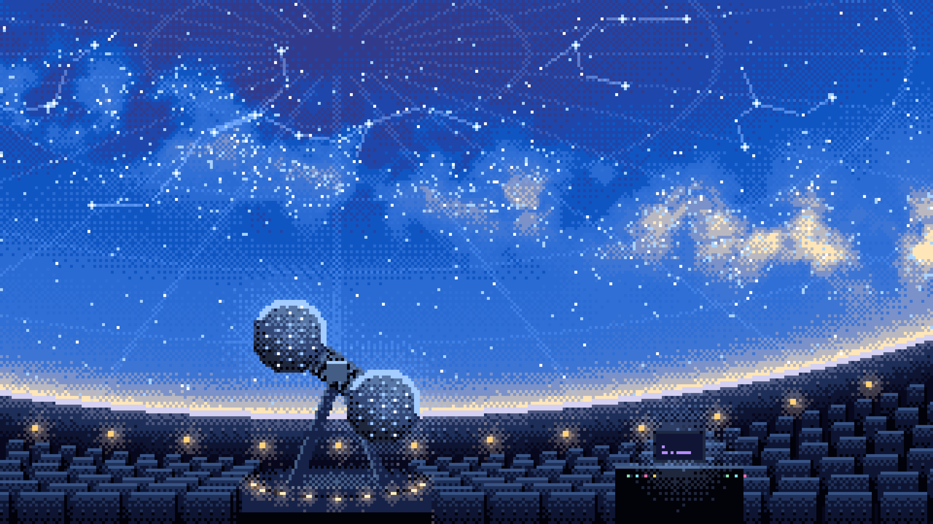 Blue Pixel Art Planetarium Dome at Night desktop wallpaper in 4K