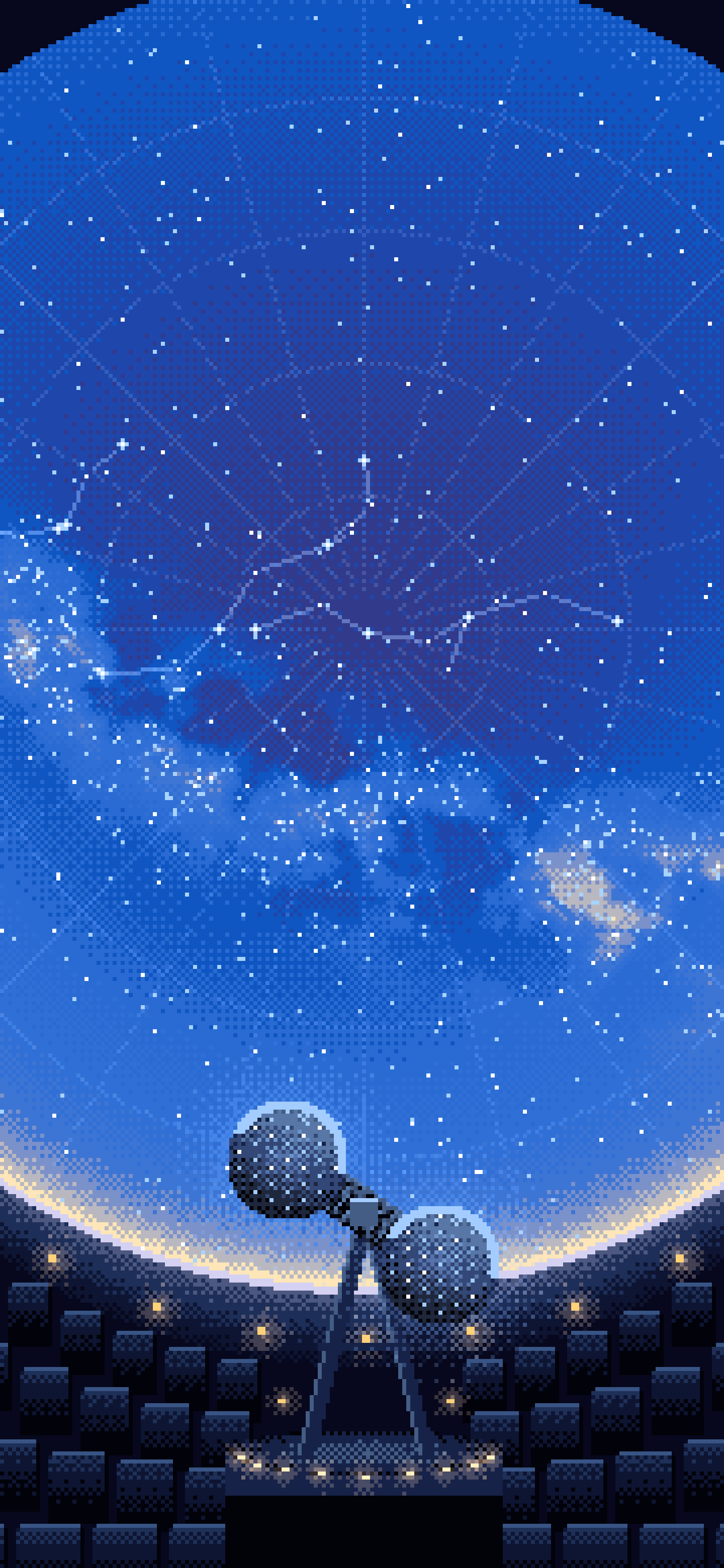 Blue Pixel Art Planetarium Dome at Night wallpaper for iPhone and Android