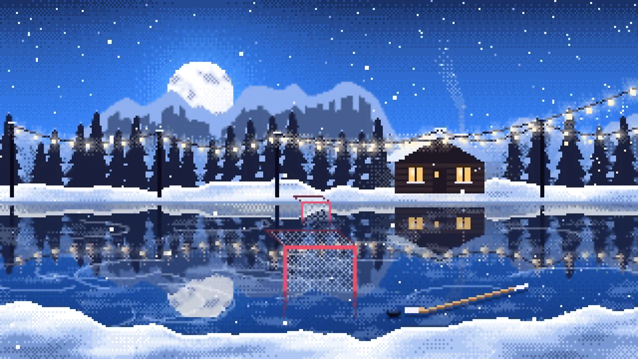 Blue Pixel Art Pond Hockey Rink desktop wallpaper in 4K