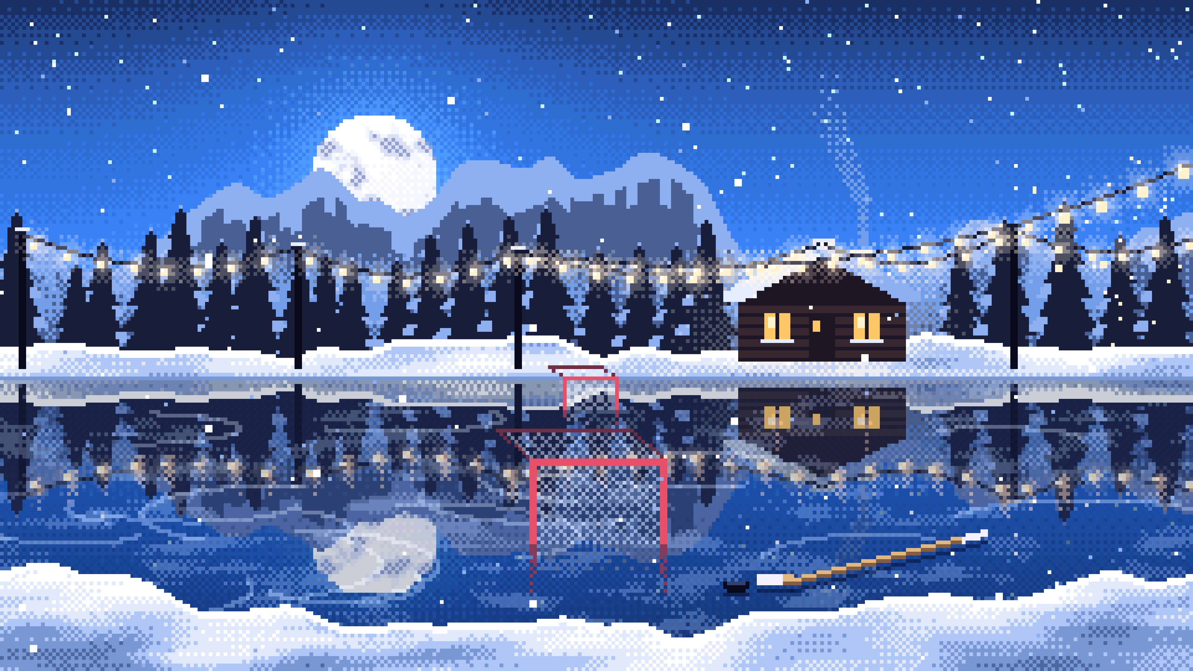 Blue Pixel Art Pond Hockey Rink desktop wallpaper in 4K