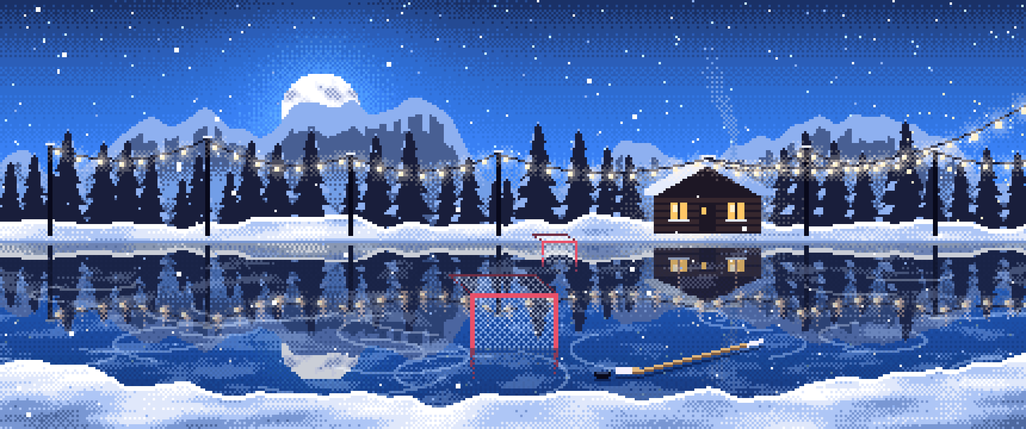 Blue Pixel Art Pond Hockey Rink ultrawide wallpaper, 3440 × 1440