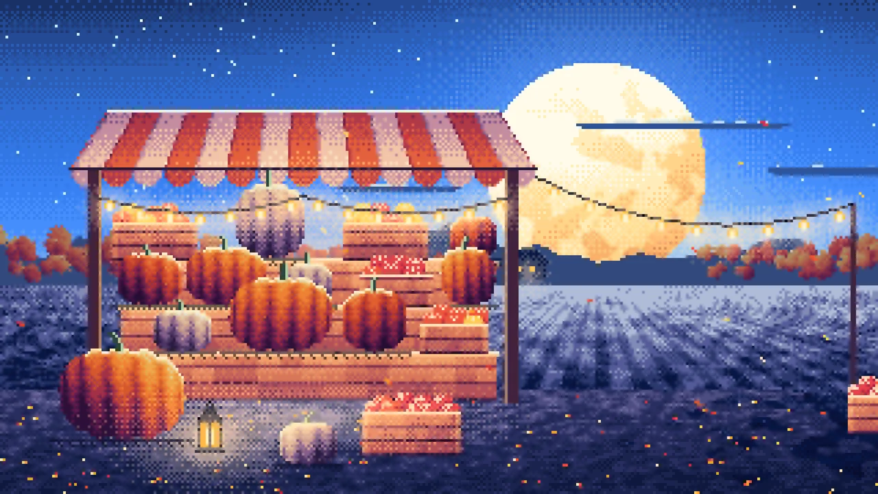 Blue Pixel Art Pumpkin Farm Stand under a Harvest Moon desktop wallpaper in 4K