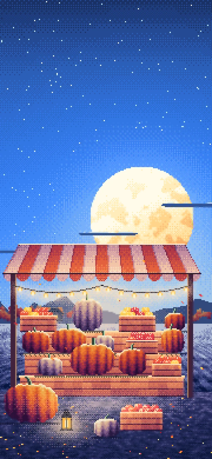 Blue Pixel Art Pumpkin Farm Stand under a Harvest Moon wallpaper for iPhone and Android
