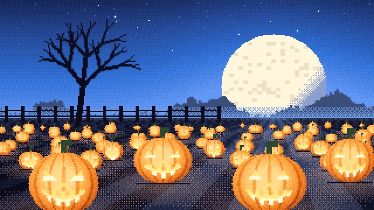 Blue Pixel Art Pumpkin Patch desktop wallpaper in 4K