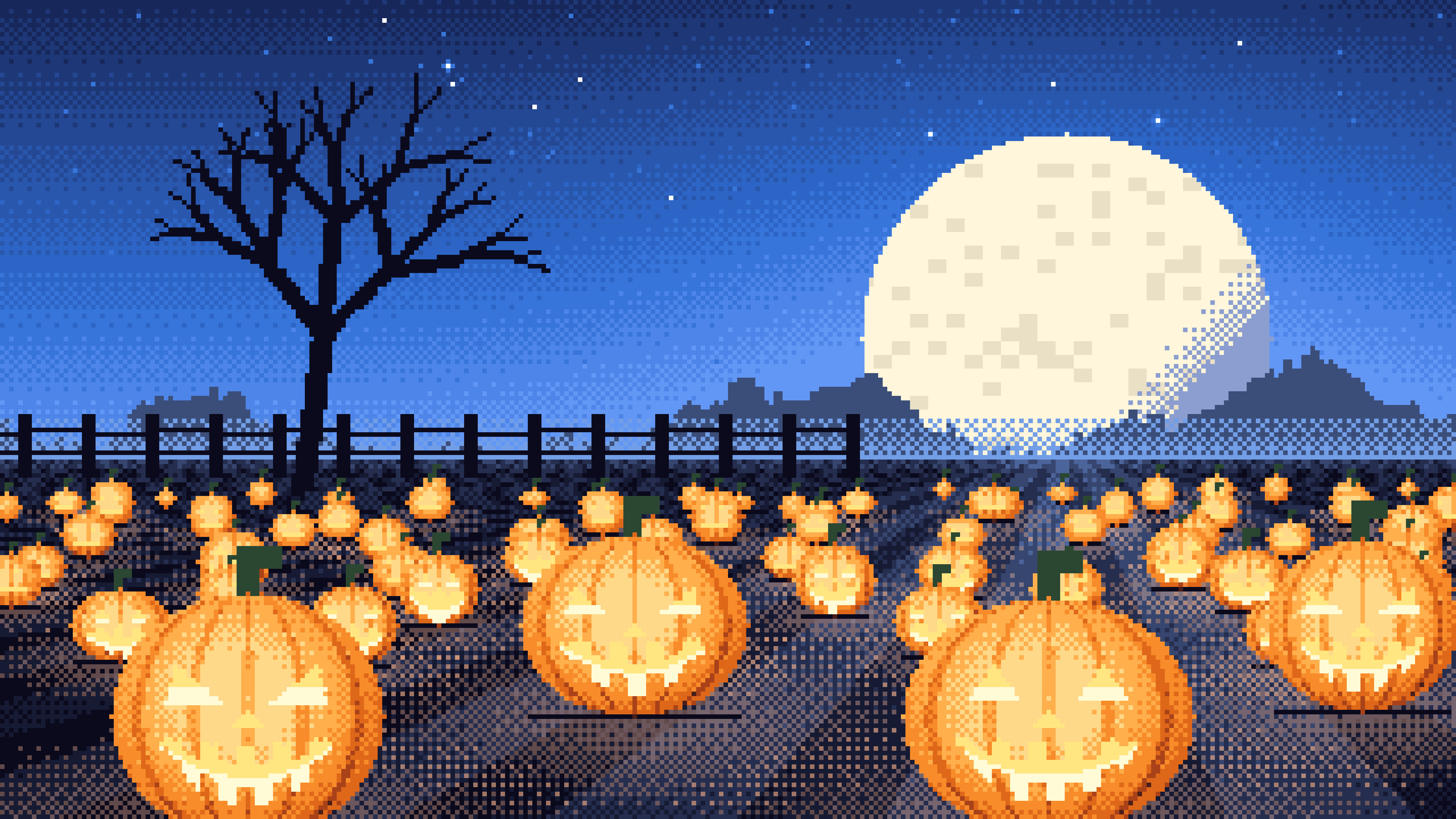 Blue Pixel Art Pumpkin Patch desktop wallpaper in 4K