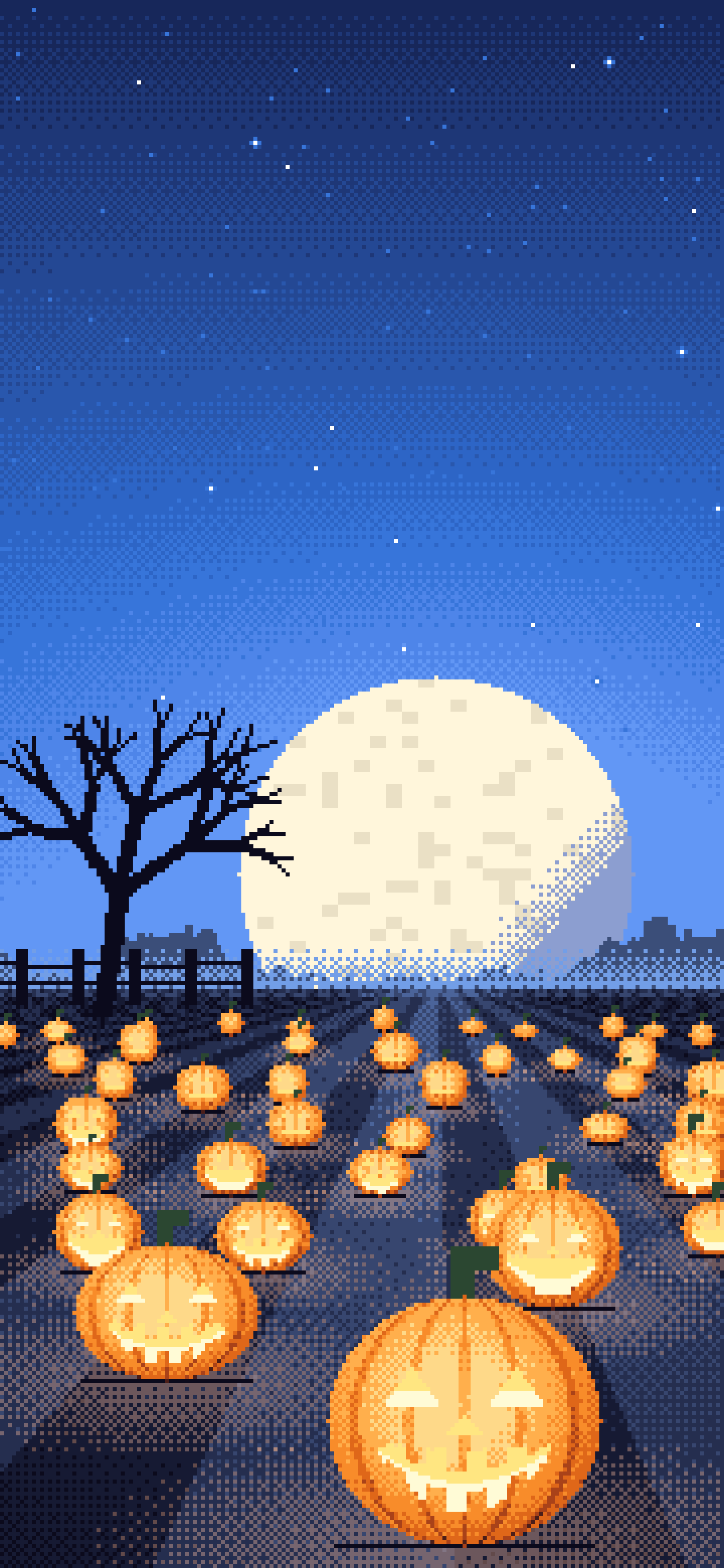 Blue Pixel Art Pumpkin Patch wallpaper for iPhone and Android