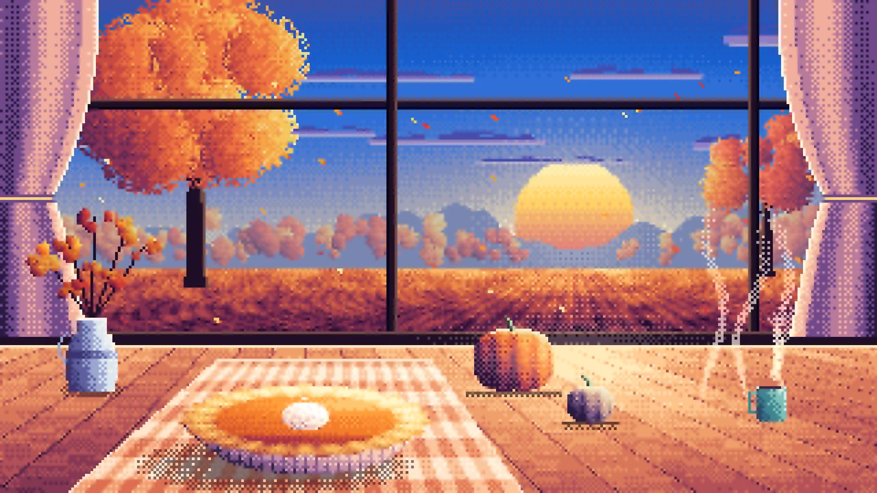 Blue Pixel Art Pumpkin Pie on a Windowsill at Sunset desktop wallpaper in 4K