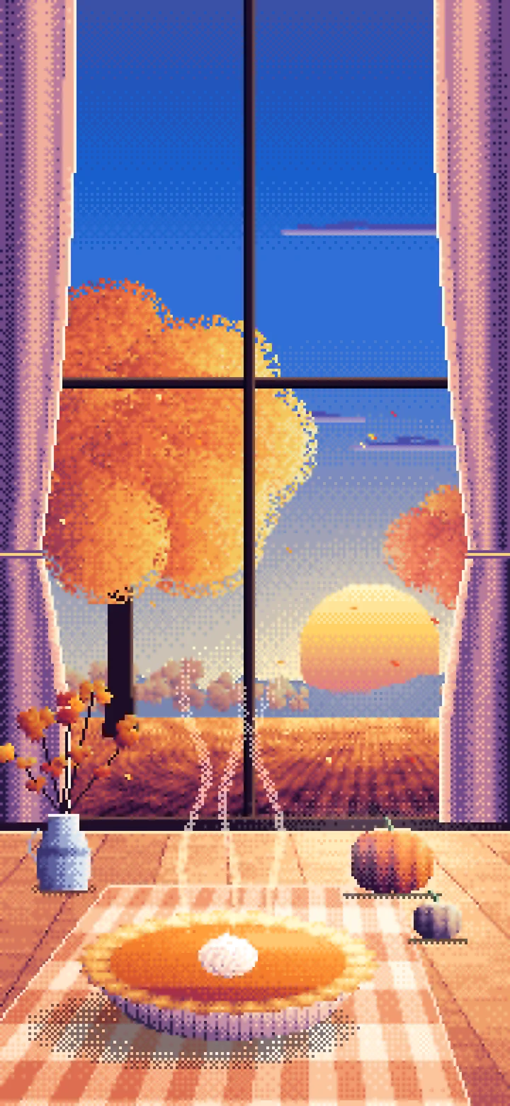 Blue Pixel Art Pumpkin Pie on a Windowsill at Sunset wallpaper for iPhone and Android