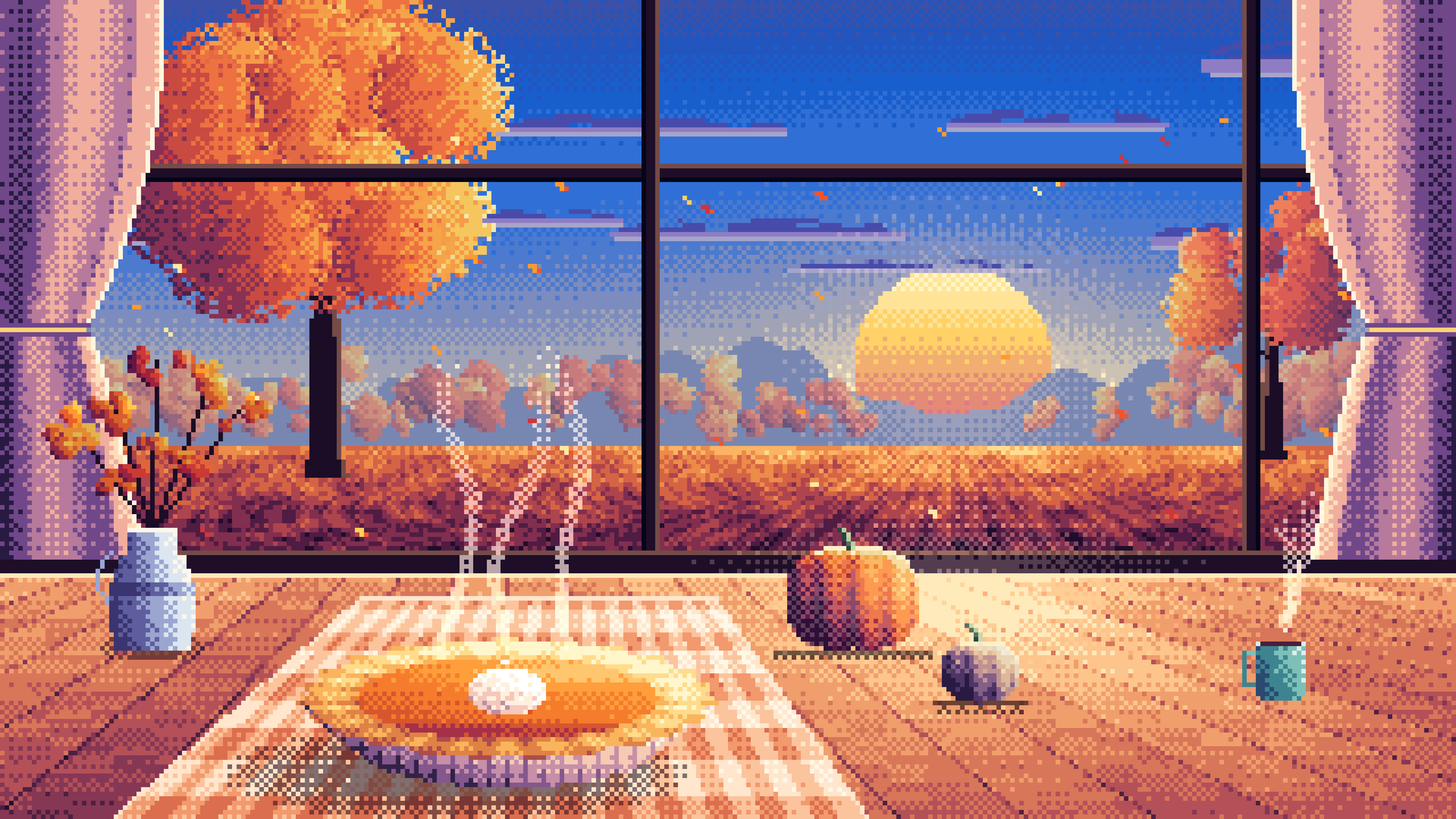 Blue Pixel Art Pumpkin Pie on a Windowsill at Sunset desktop wallpaper in 4K