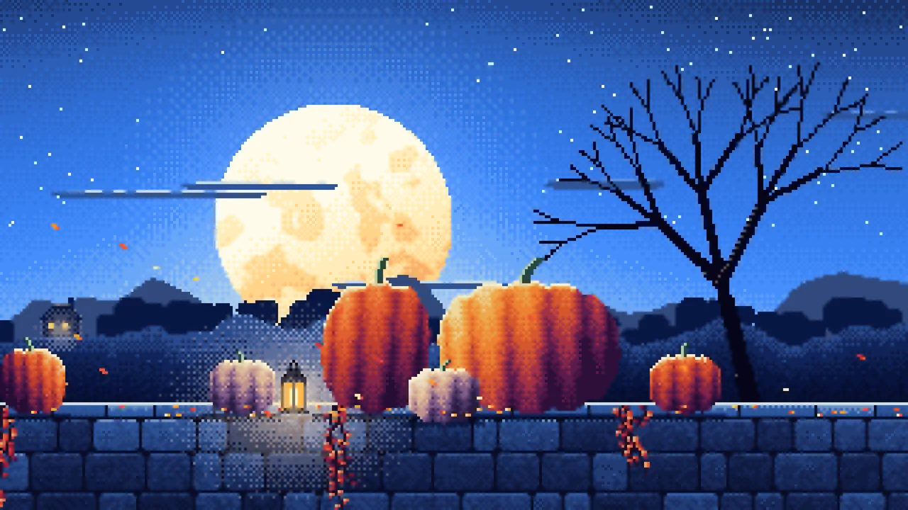 Blue Pixel Art Pumpkins and Harvest Moon desktop wallpaper in 4K