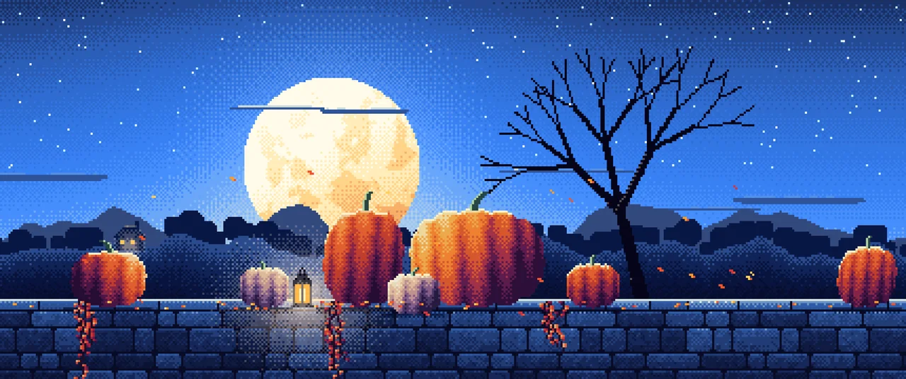 Blue Pixel Art Pumpkins and Harvest Moon ultrawide wallpaper, 3440 × 1440