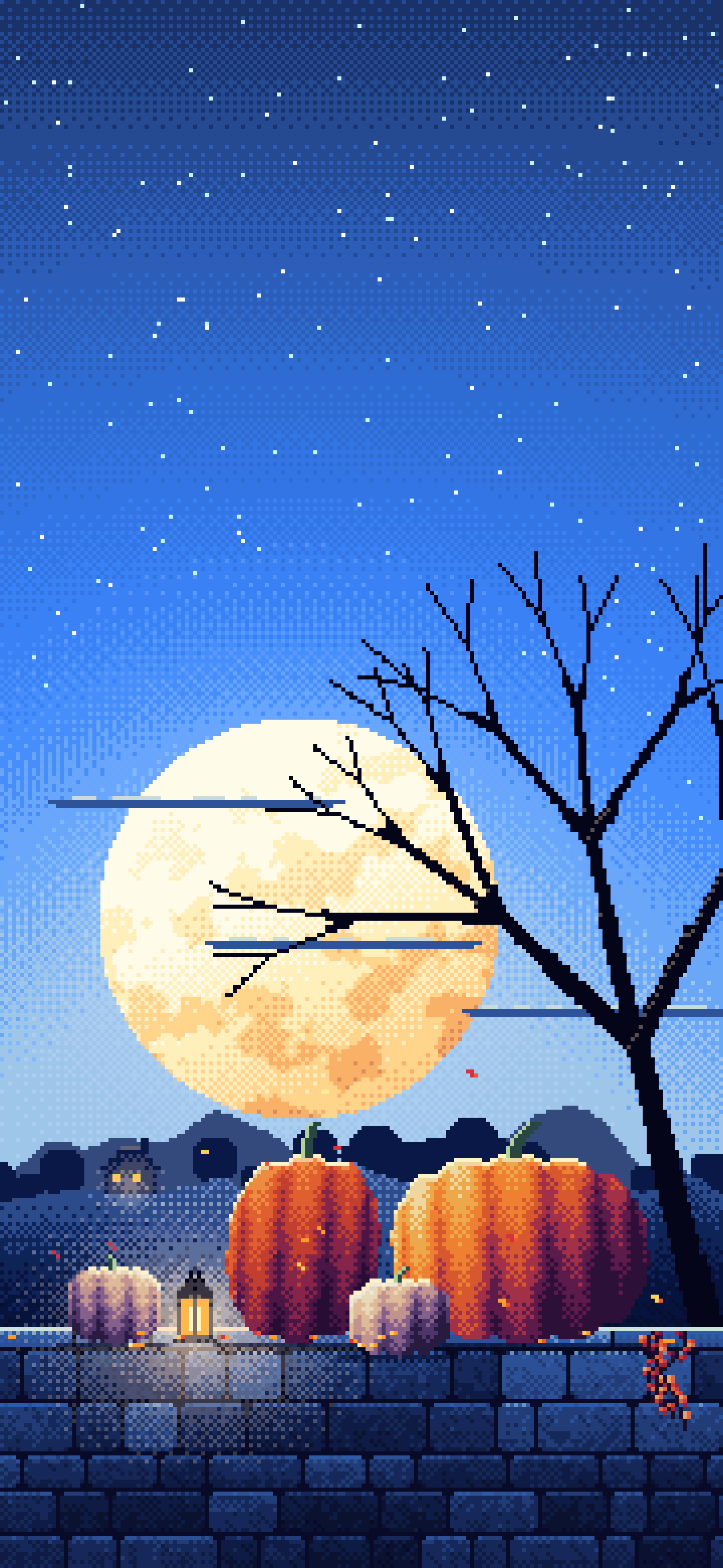 Blue Pixel Art Pumpkins and Harvest Moon wallpaper for iPhone and Android