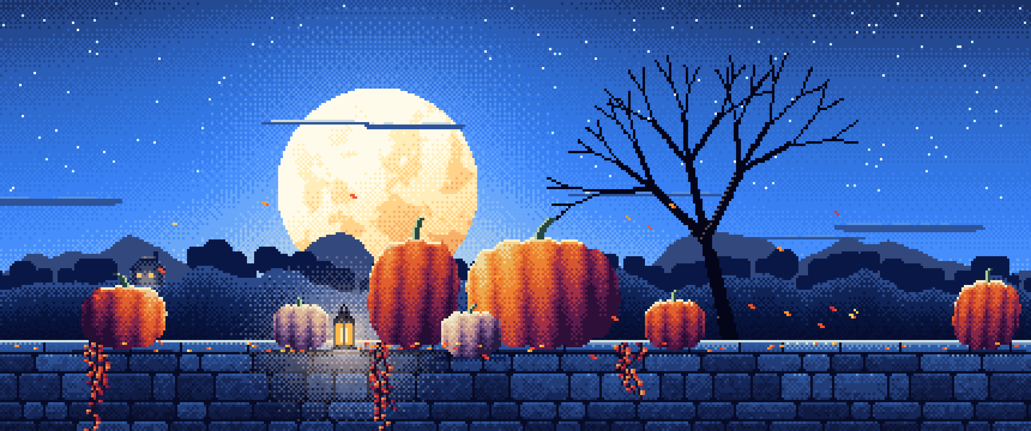 Blue Pixel Art Pumpkins and Harvest Moon ultrawide wallpaper, 3440 × 1440
