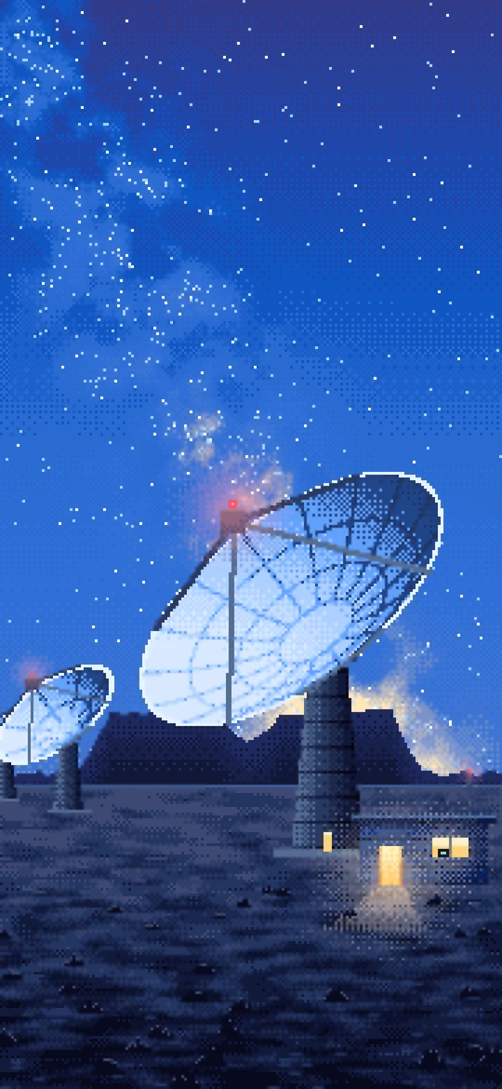 Blue Pixel Art Radio Telescopes Under the Milky Way wallpaper for iPhone and Android