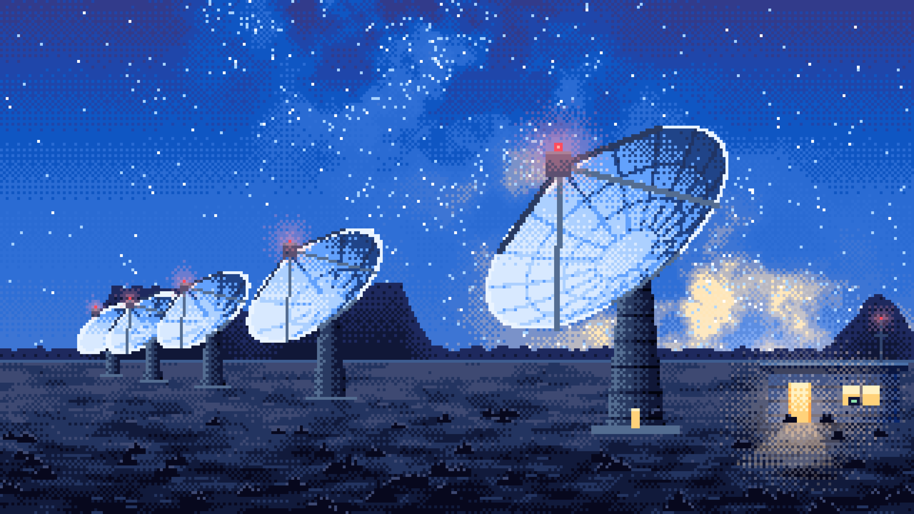 Blue Pixel Art Radio Telescopes Under the Milky Way desktop wallpaper in 4K