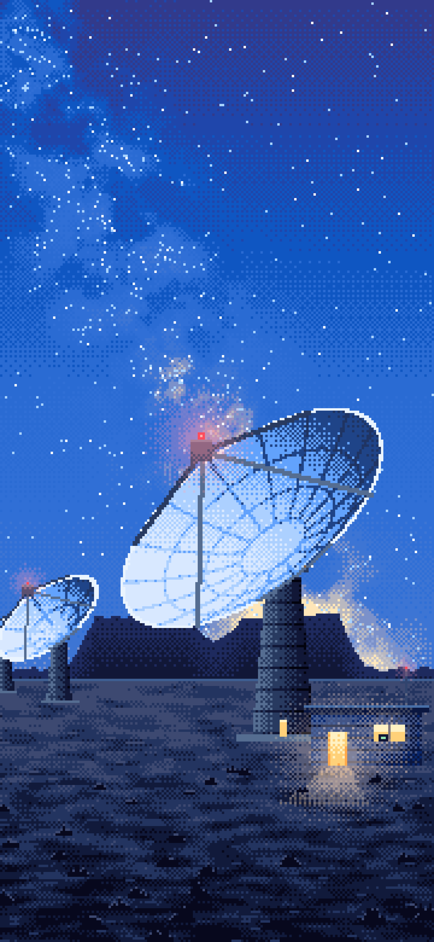 Blue Pixel Art Radio Telescopes Under the Milky Way wallpaper for iPhone and Android