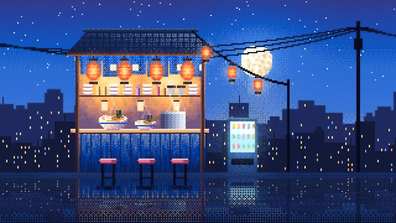 Blue Pixel Art Ramen Stall at Night desktop wallpaper in 4K