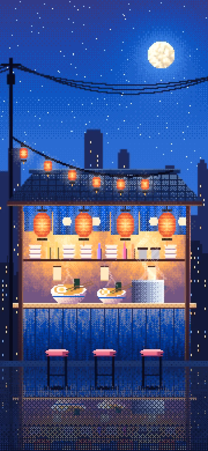 Blue Pixel Art Ramen Stall at Night wallpaper for iPhone and Android