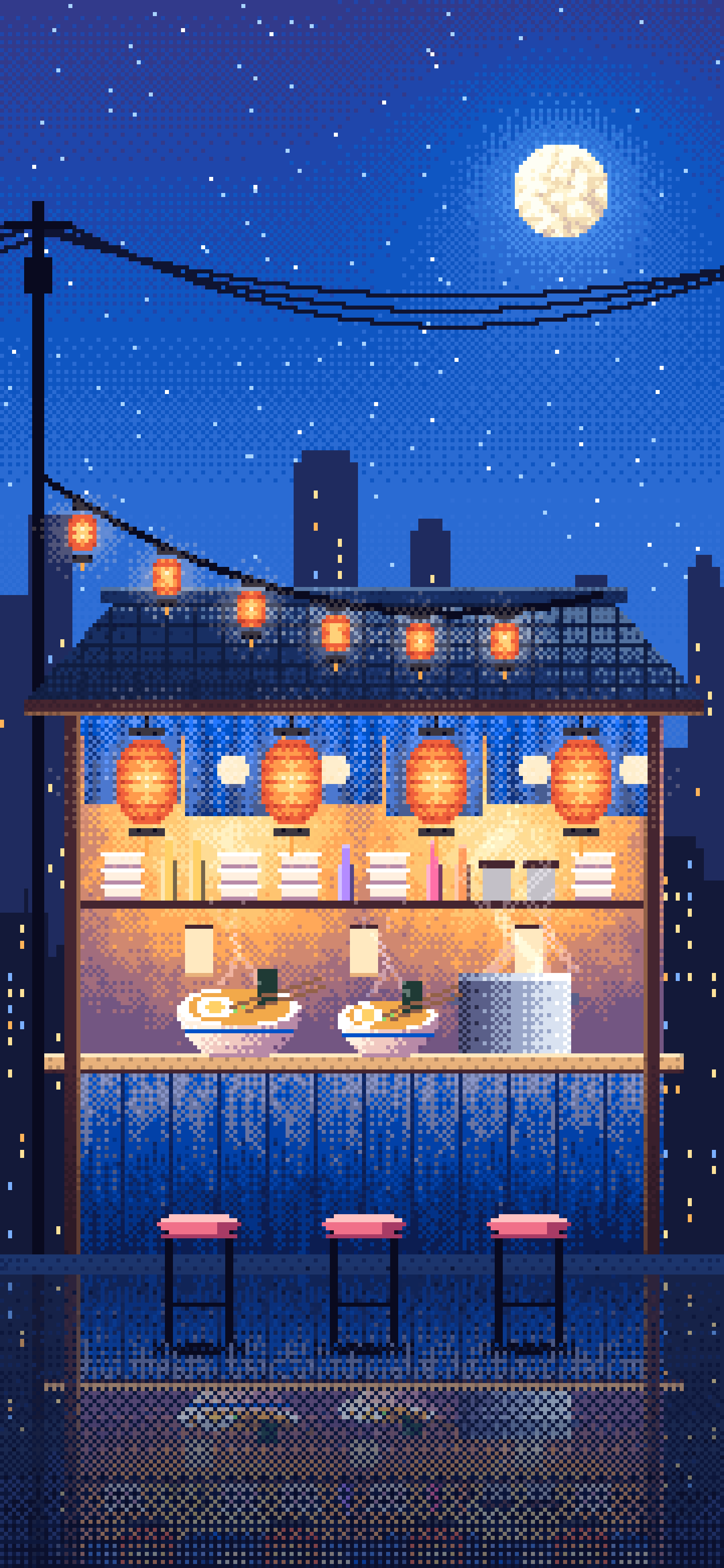Blue Pixel Art Ramen Stall at Night wallpaper for iPhone and Android