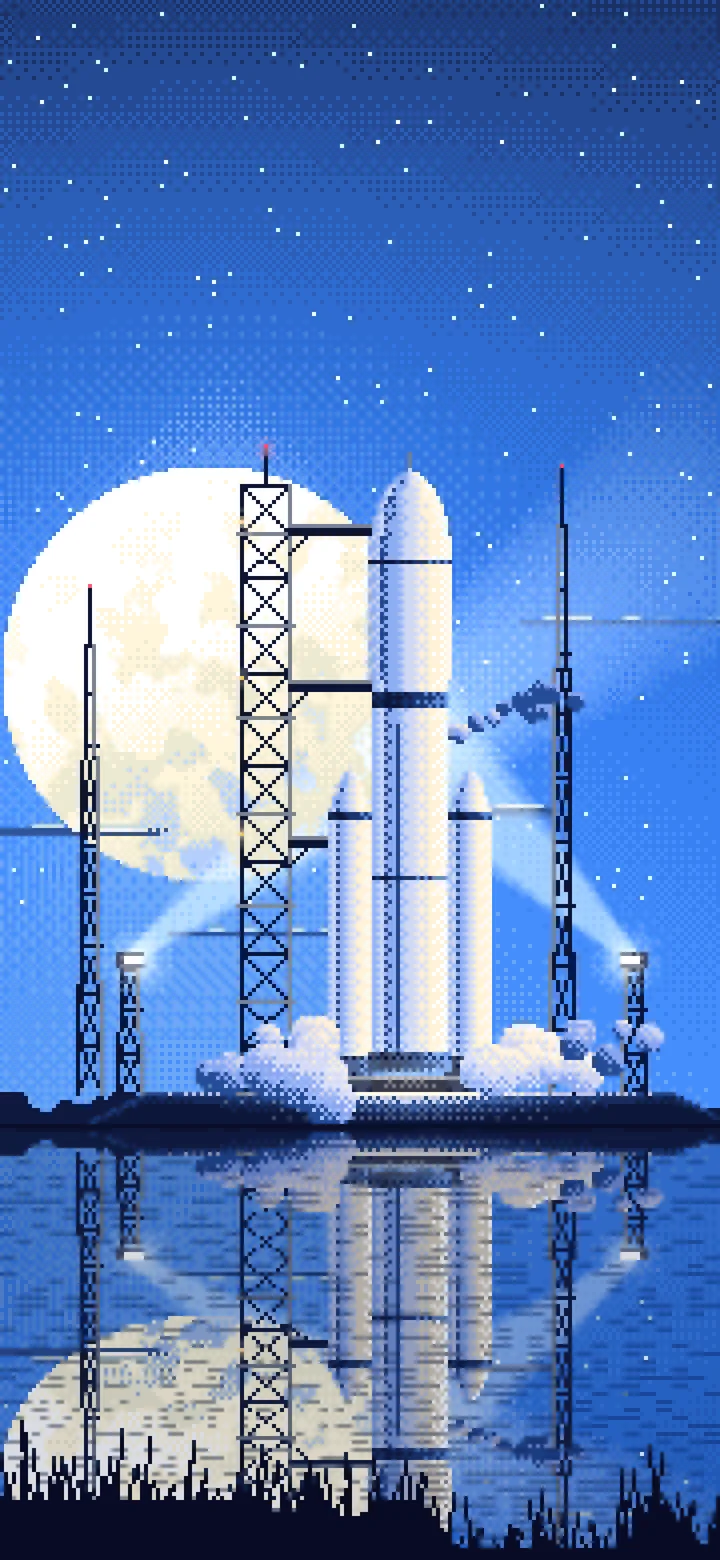 Blue Pixel Art Rocket on the Launch Pad at Night wallpaper for iPhone and Android