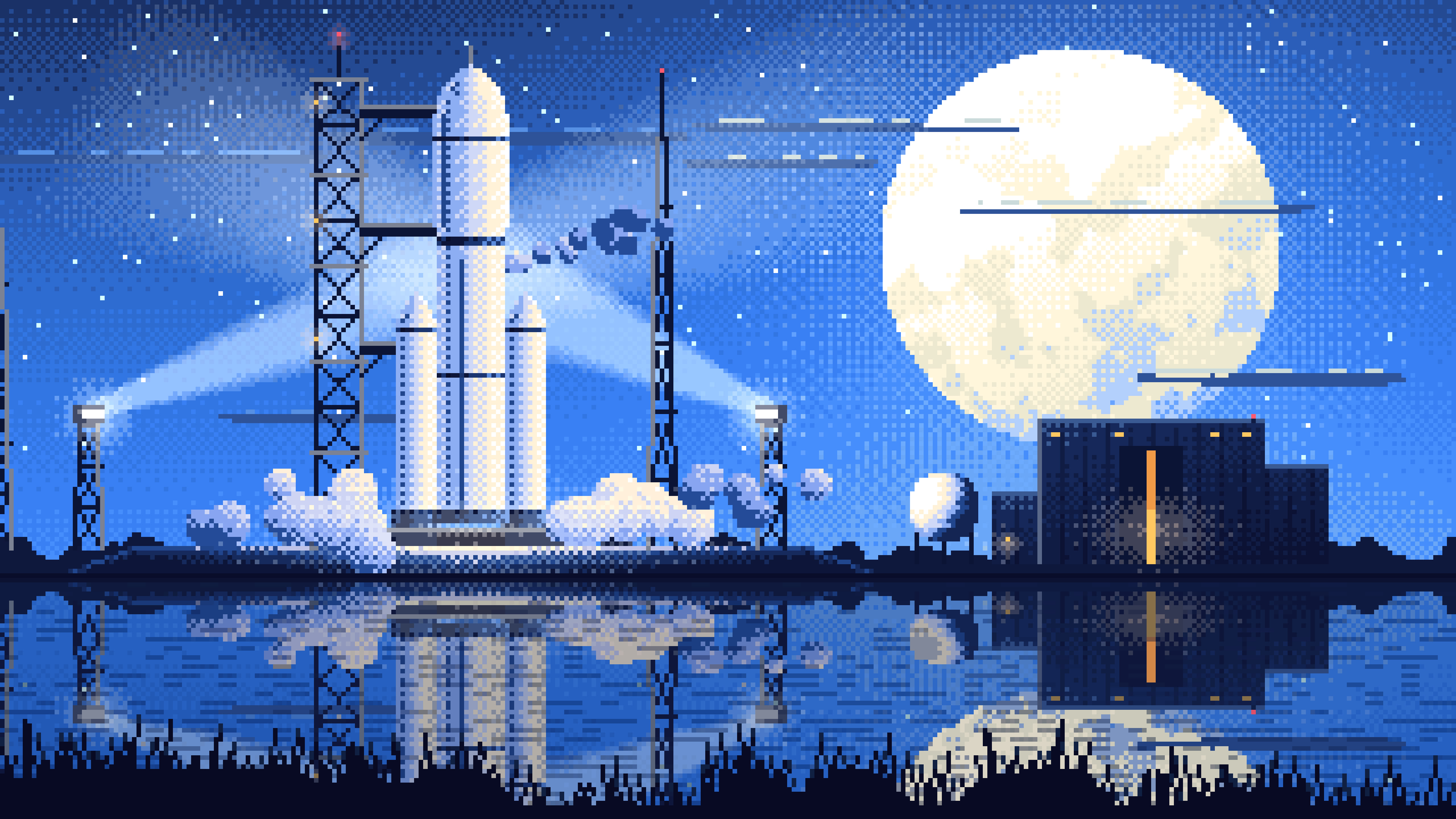 Blue Pixel Art Rocket on the Launch Pad at Night desktop wallpaper in 4K