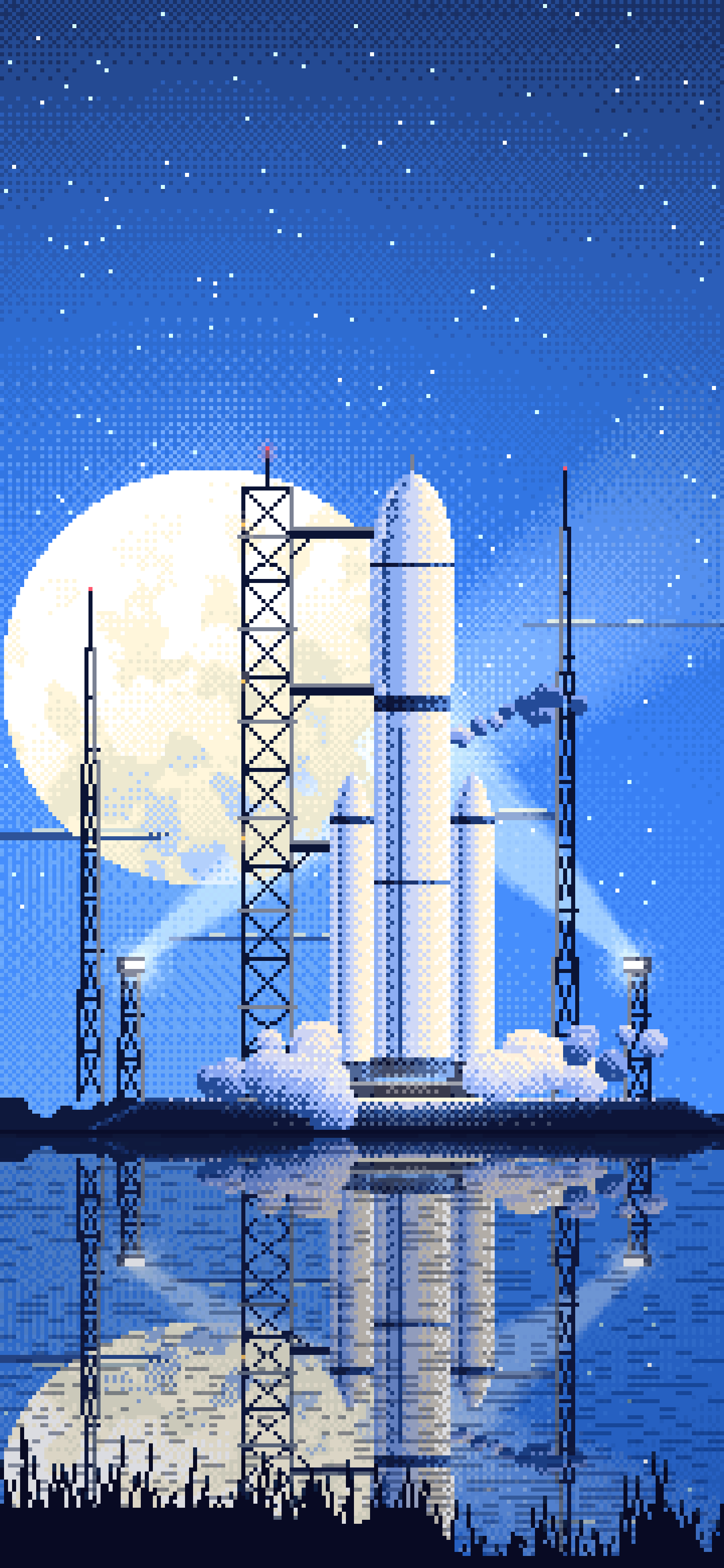 Blue Pixel Art Rocket on the Launch Pad at Night wallpaper for iPhone and Android