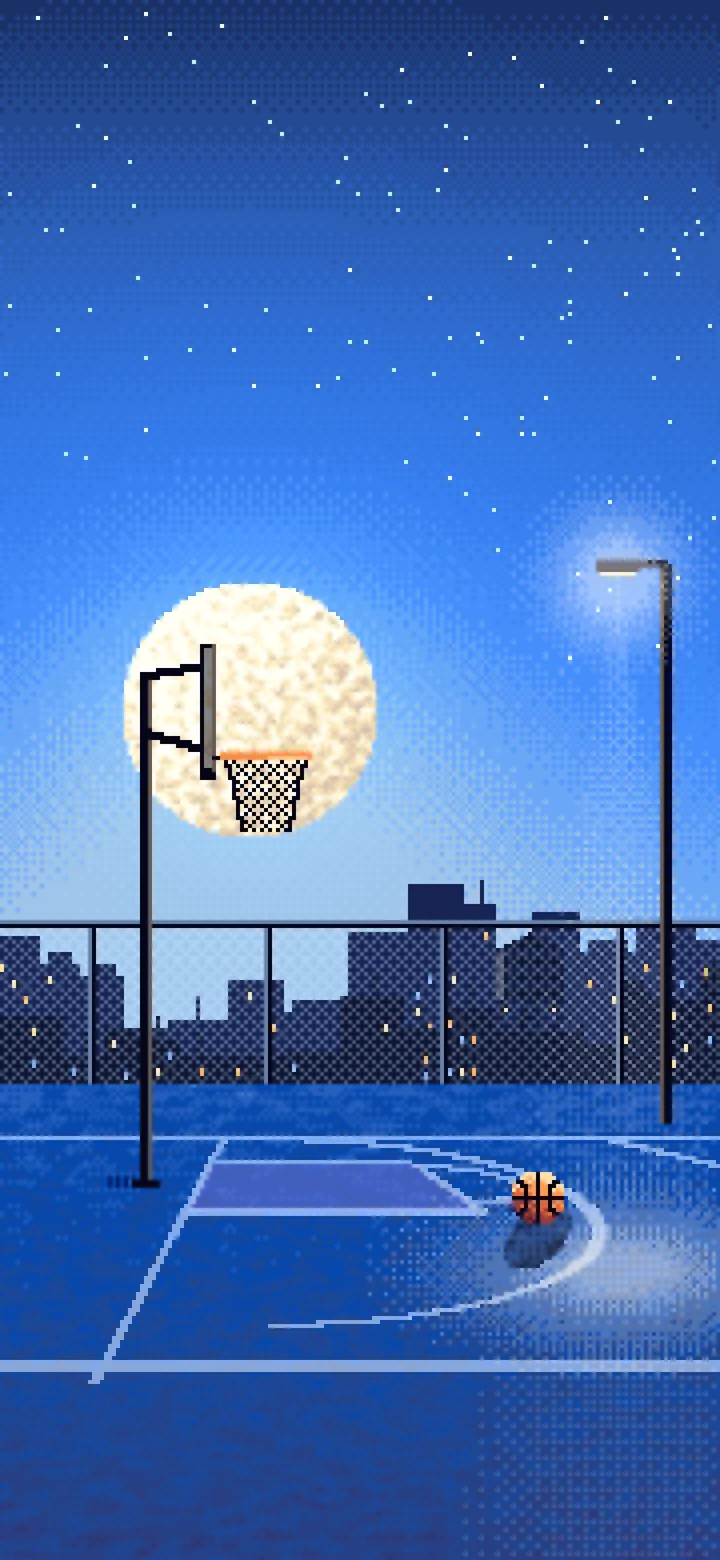 Blue Pixel Art Rooftop Basketball Court wallpaper for iPhone and Android