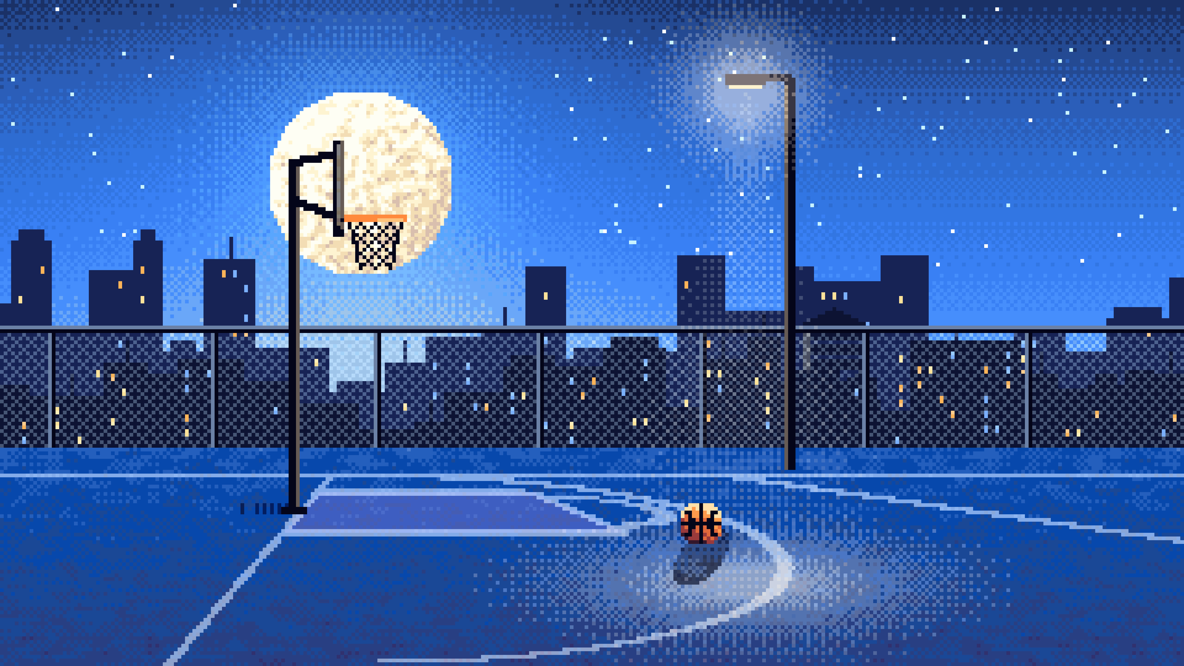 Blue Pixel Art Rooftop Basketball Court desktop wallpaper in 4K