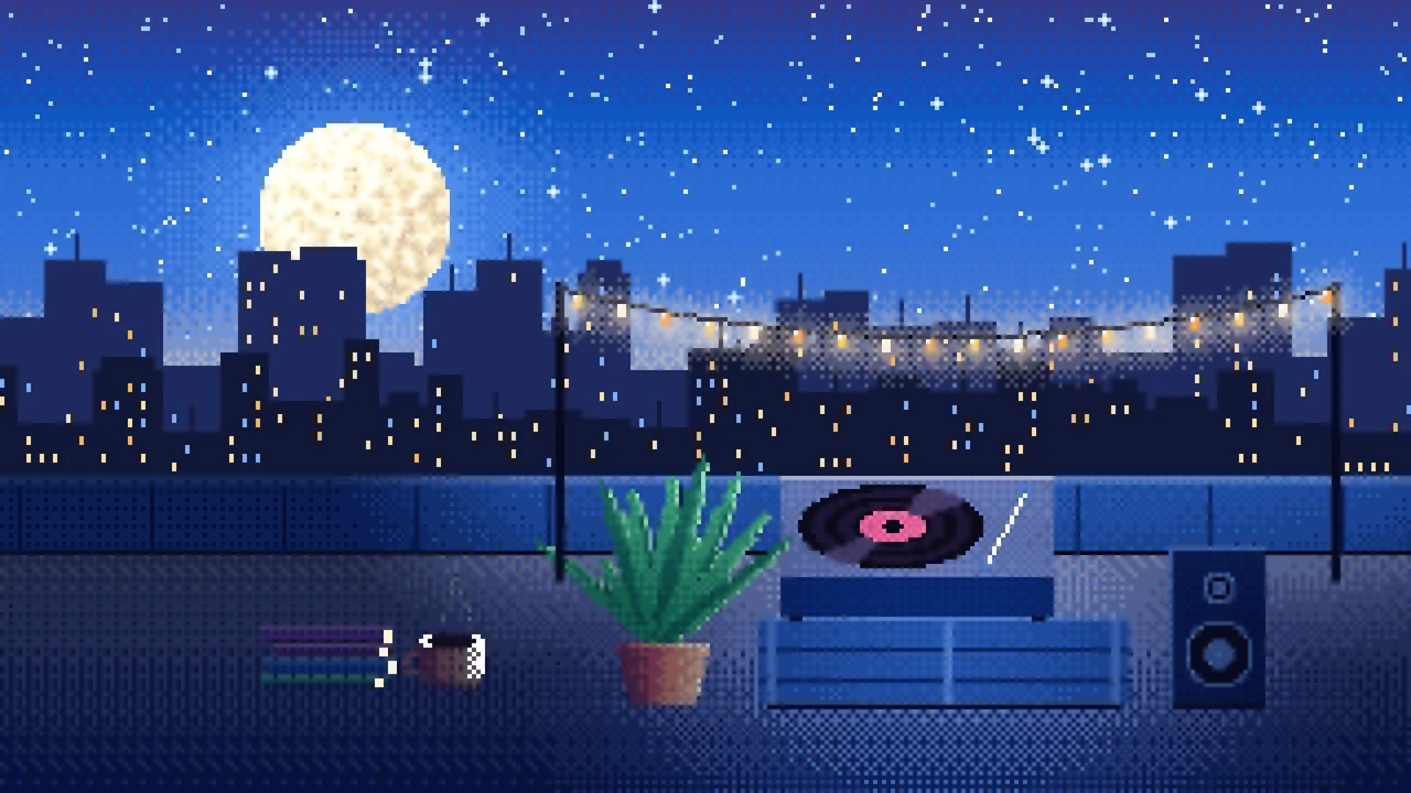 Blue Pixel Art Rooftop Record Player desktop wallpaper in 4K