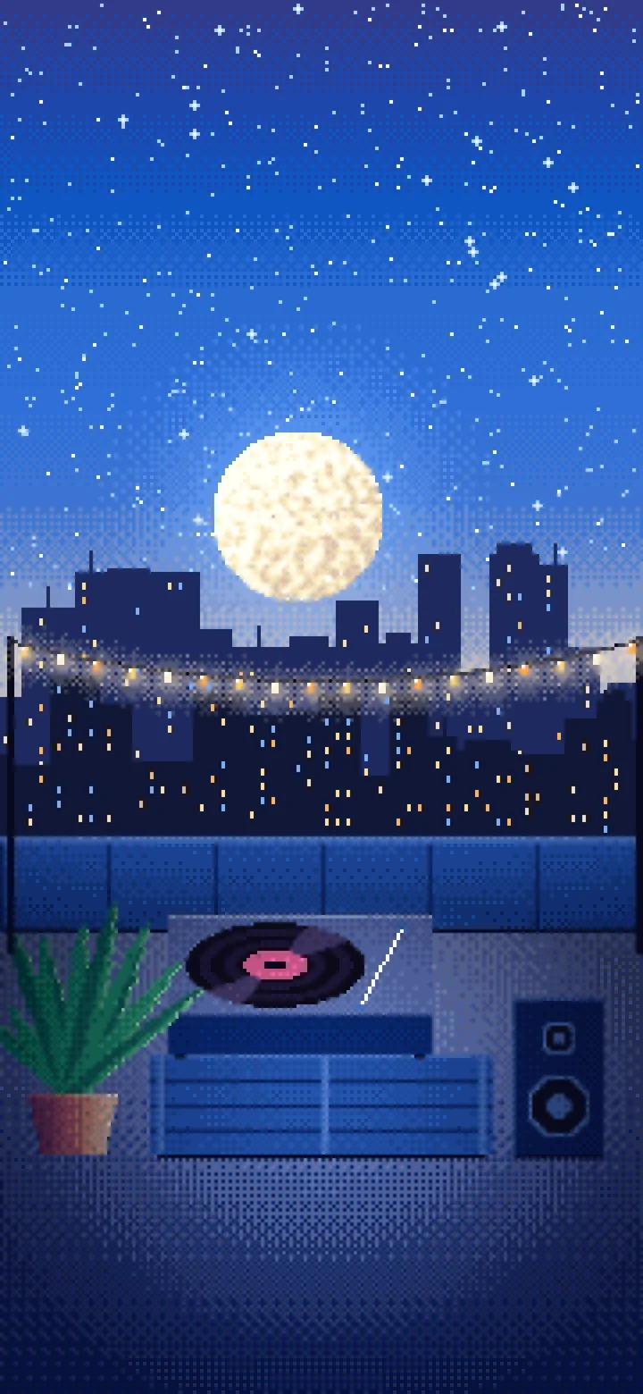 Blue Pixel Art Rooftop Record Player wallpaper for iPhone and Android