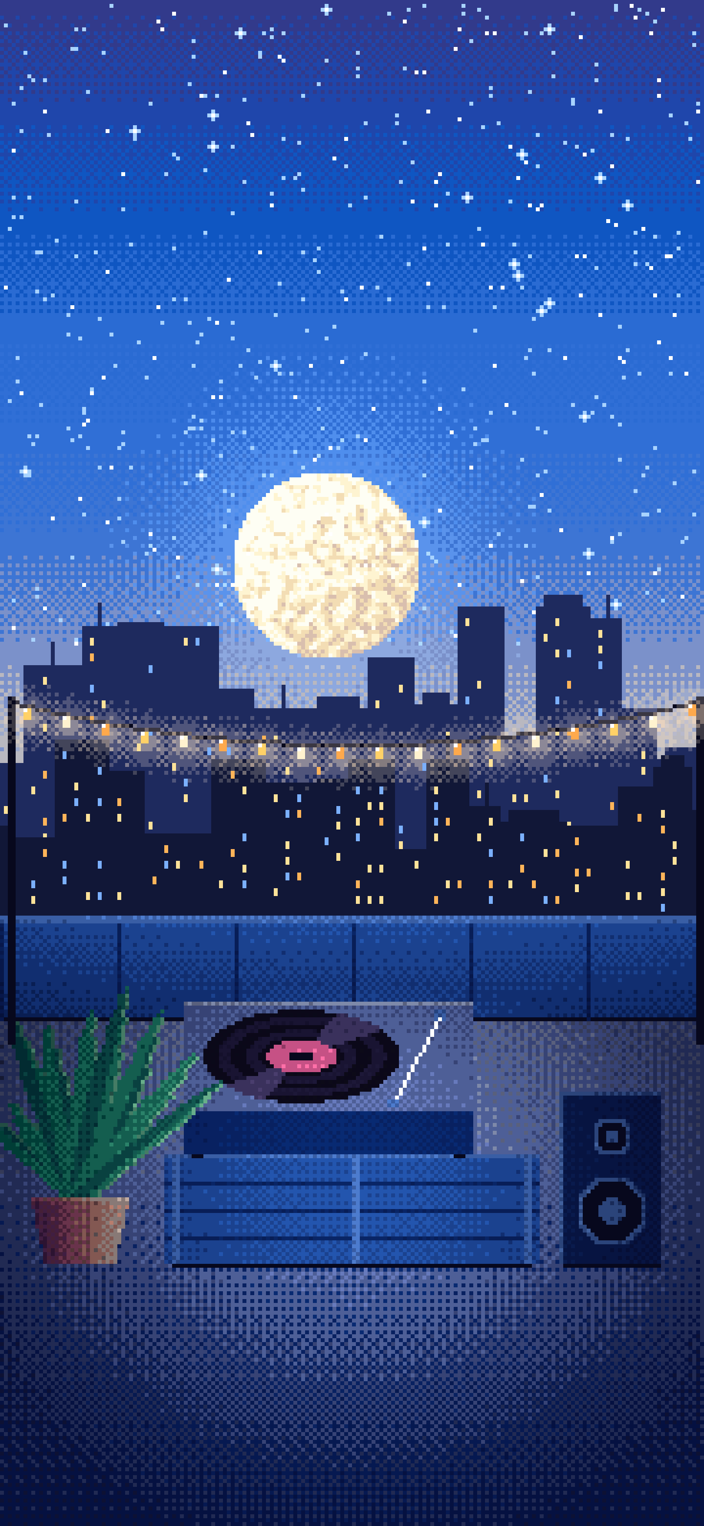 Blue Pixel Art Rooftop Record Player wallpaper for iPhone and Android