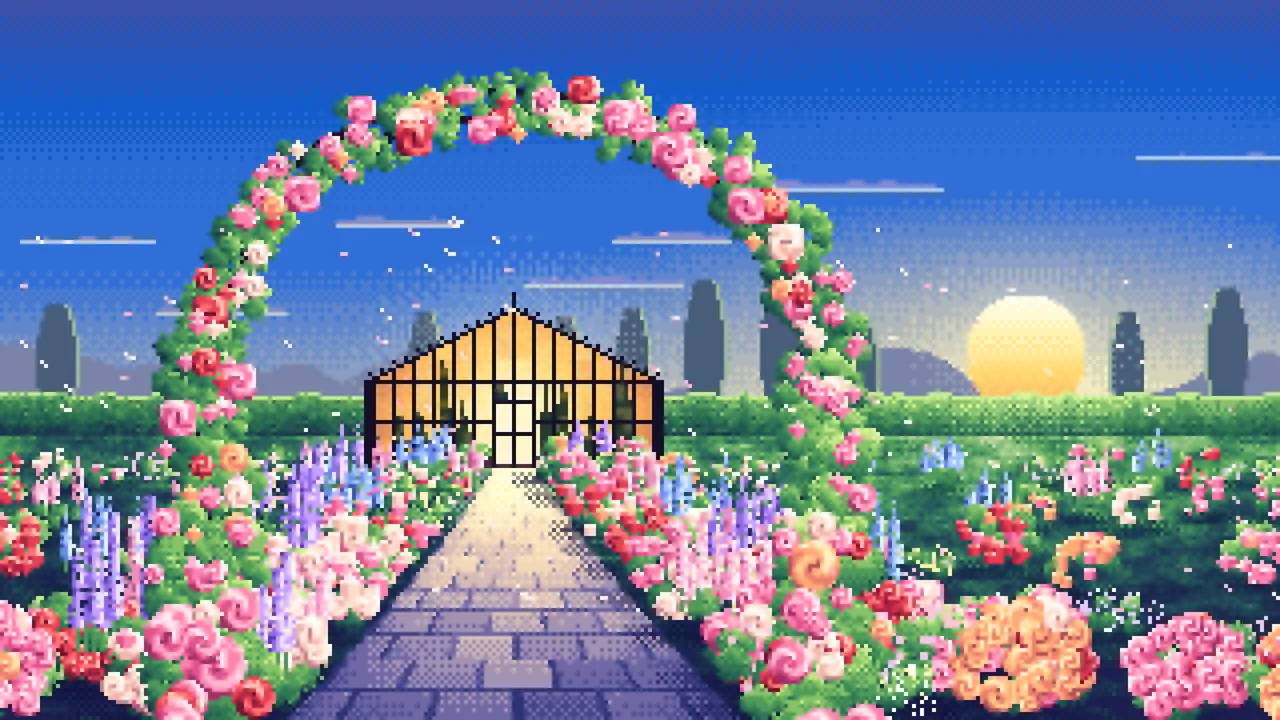 Blue Pixel Art Rose Garden at Sunset desktop wallpaper in 4K