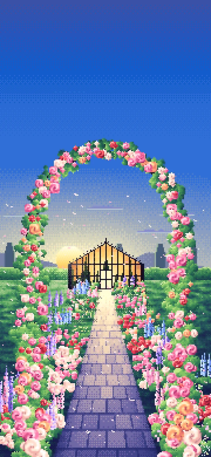 Blue Pixel Art Rose Garden at Sunset wallpaper for iPhone and Android