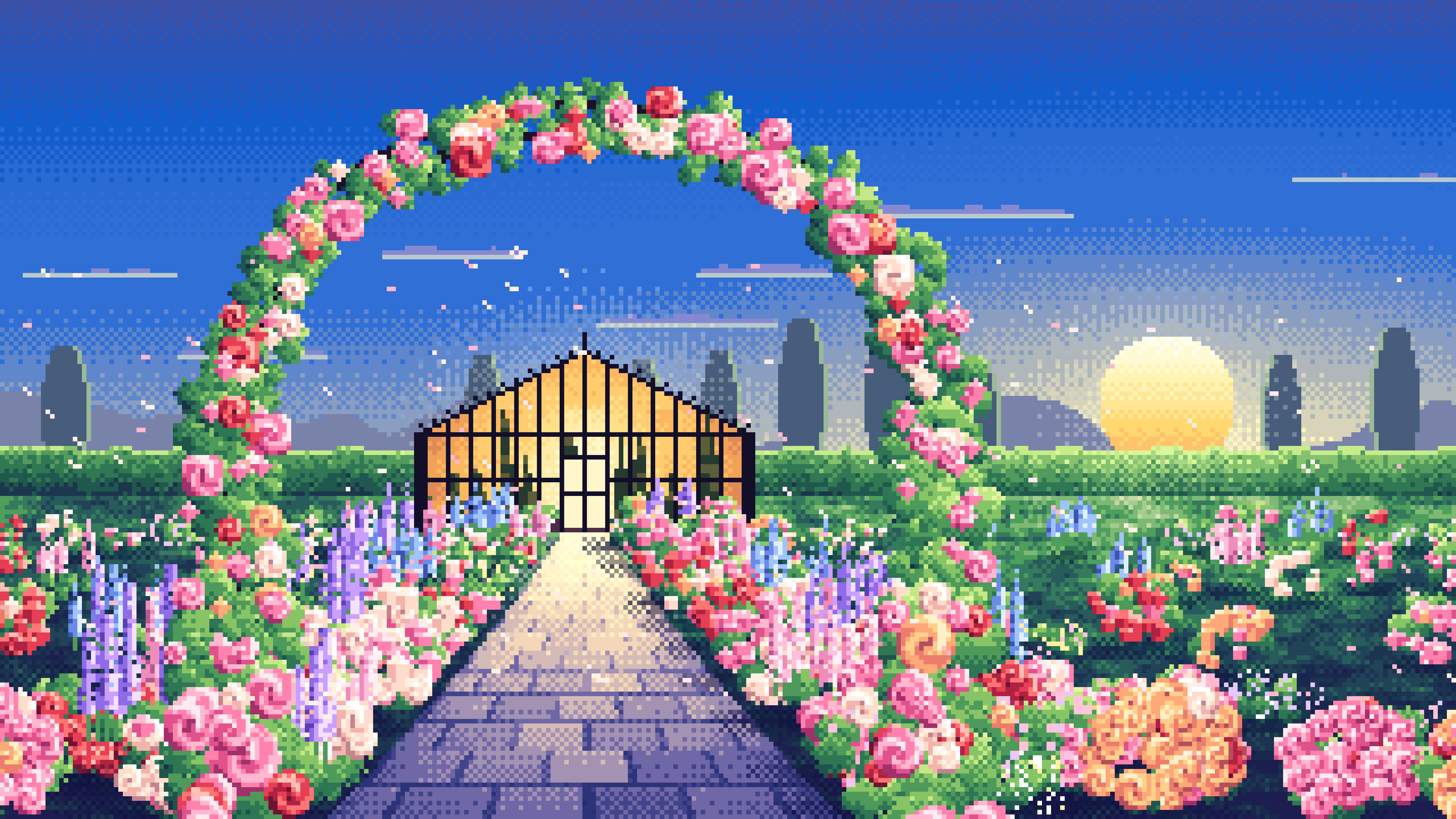 Blue Pixel Art Rose Garden at Sunset desktop wallpaper in 4K