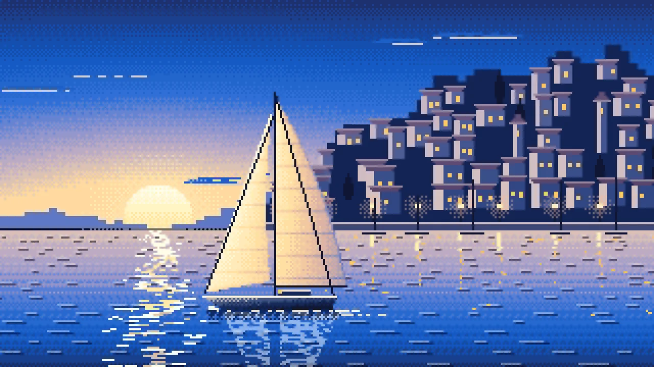 Blue Pixel Art Sailboat at Sunset by a Harbor Town desktop wallpaper in 4K