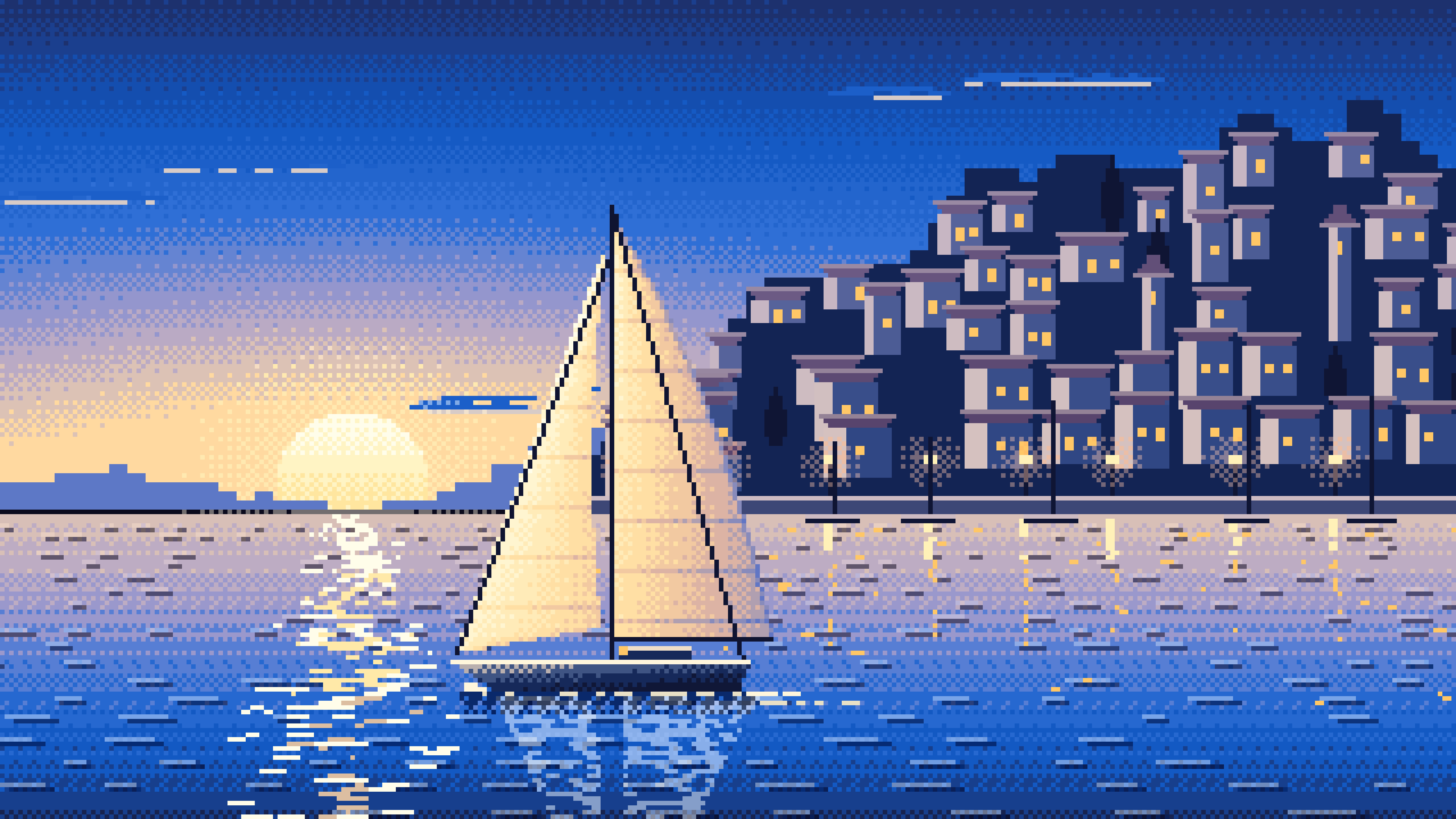 Blue Pixel Art Sailboat at Sunset by a Harbor Town desktop wallpaper in 4K