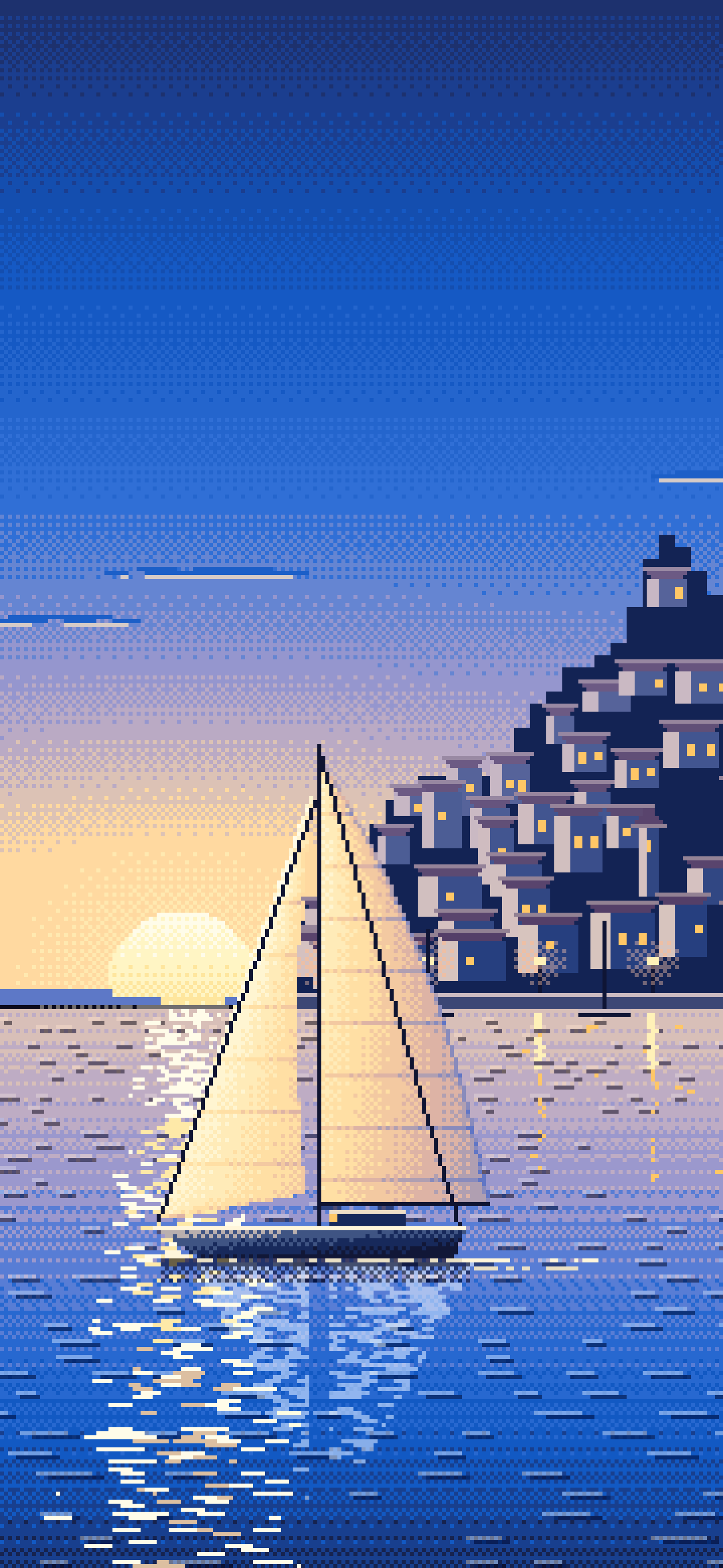 Blue Pixel Art Sailboat at Sunset by a Harbor Town wallpaper for iPhone and Android