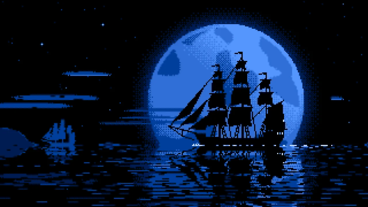 Blue Pixel Art Sailing Ship and Full Moon desktop wallpaper in 4K