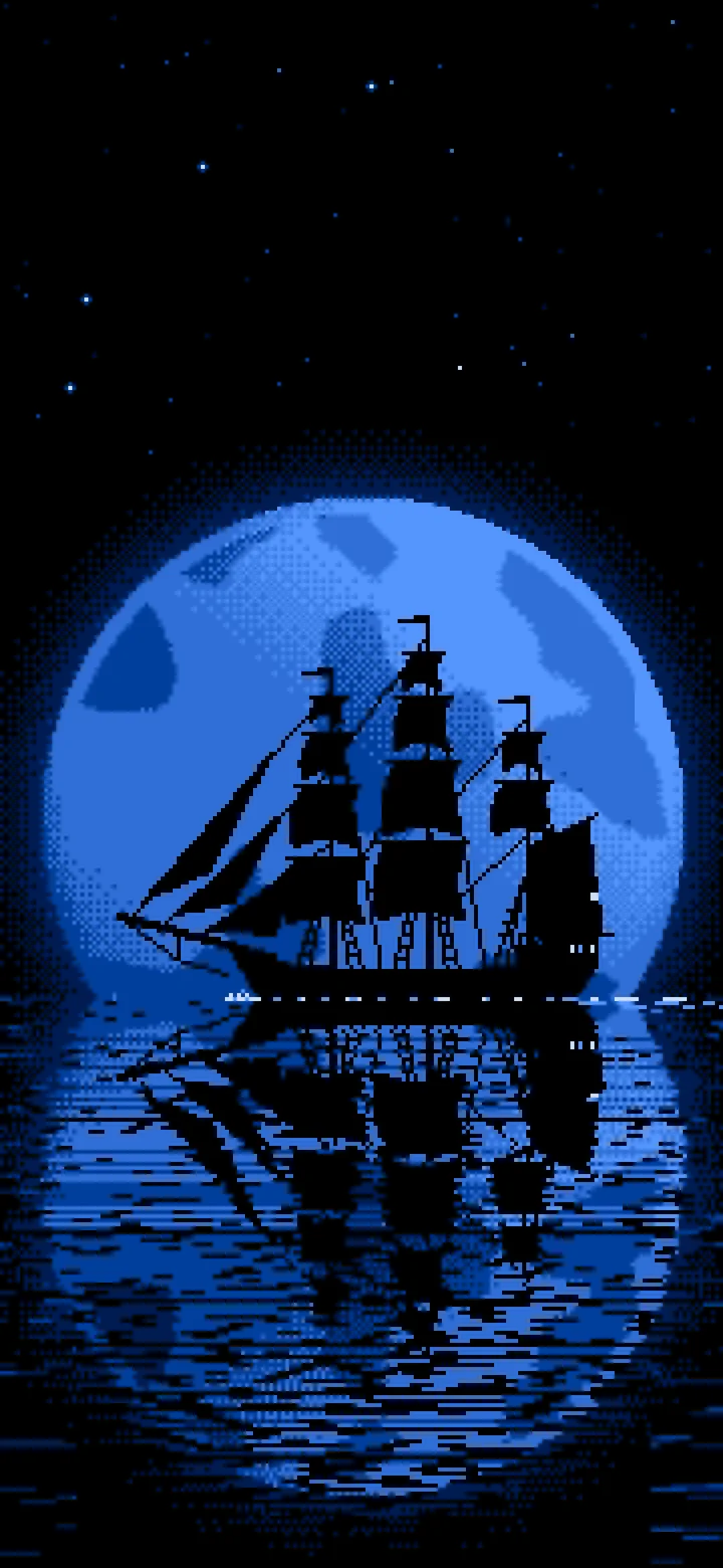 Blue Pixel Art Sailing Ship and Full Moon wallpaper for iPhone and Android